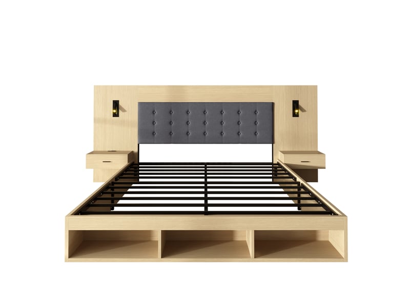  Lit double 180 x 200 cm, lit coffre, lit en bois, lit enfant, avec station de charge usb et type-c et lampe de lecture, avec 2 tables de chevet, coloris chêne clair  - Conforama D