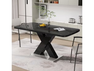 Table de salle à manger extensible de 120 à 160 cm, avec plateau en marbre noir imprimé et pieds en forme de x