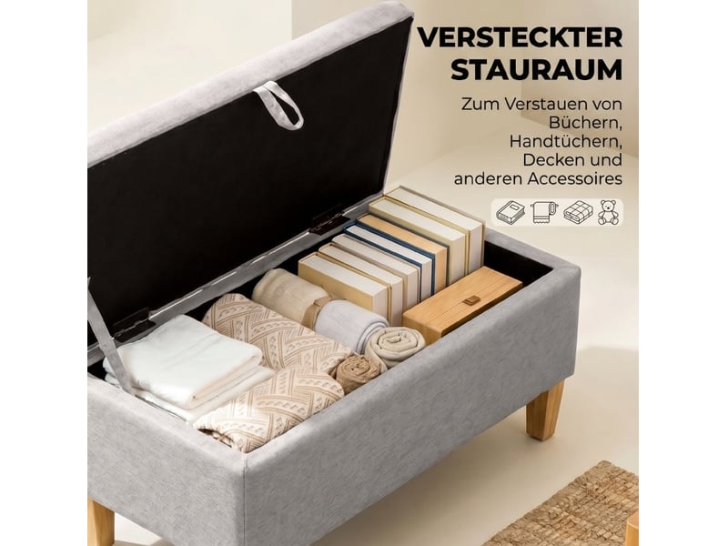  Banc coffre 71x37x36 cm, rangement intégré, bois et tissu aspect lin, pieds en bois, pour chambre et salon, gris clair  - Conforama E