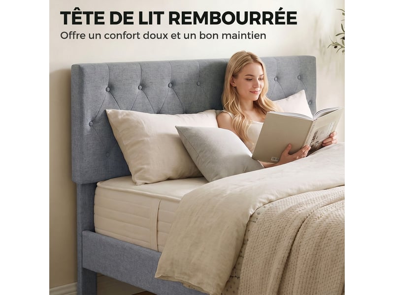  Cadre de lit 140 x 190 cm avec sommier, lit double rembourré en lin, support à 10 lattes, tête capitonnée, gris  - Conforama D