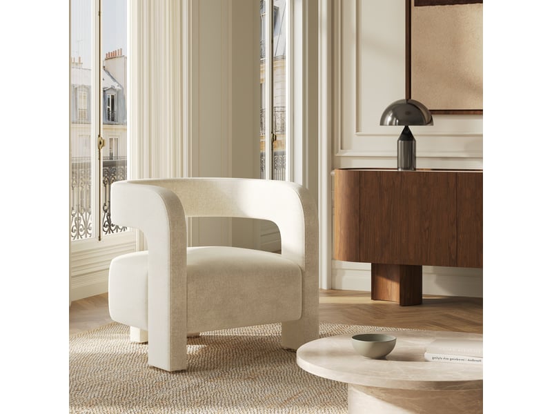  Fauteuil en velours chenillé crème perle CF18VCCR - Conforama B