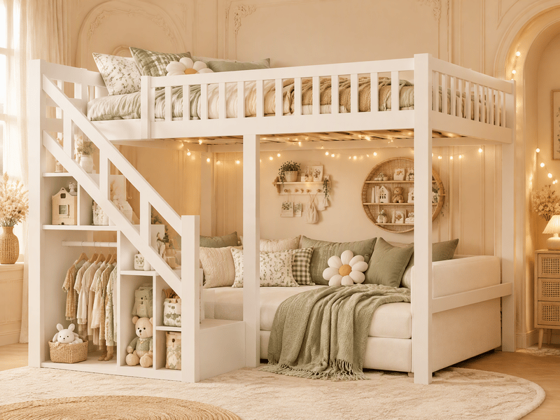 Lit mezzanine 90x200 cm, lit superposé enfant avec escaliers de rangement et barrière de sécurité, sommier à lattes - Conforama B