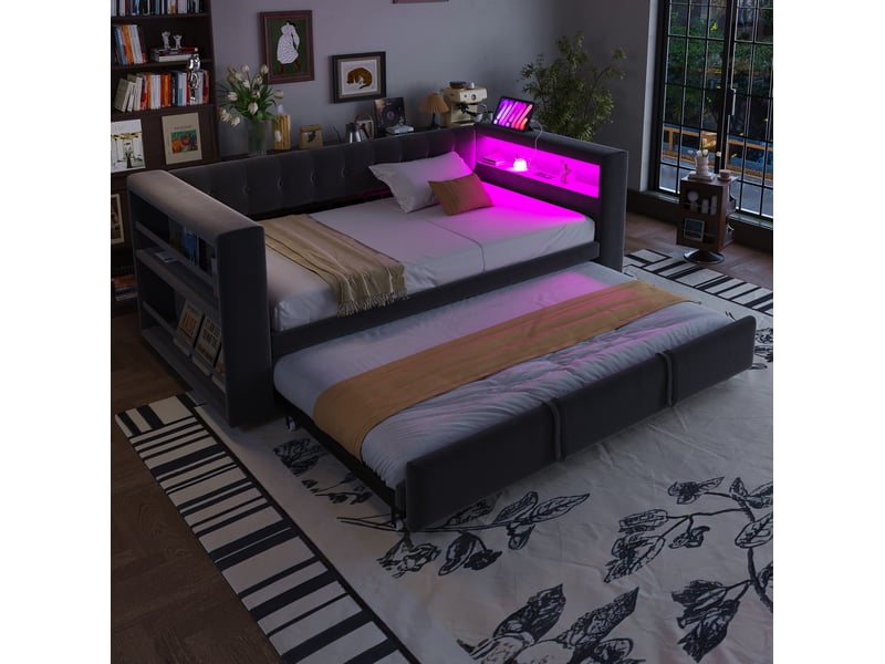  Canapé-lit multifonctionnel 90180x190 cm avec led, prises et rangement mdf bois gris foncé sans matelas  - Conforama D