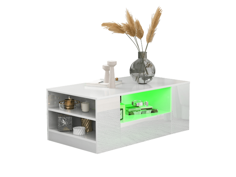  Table basse de salon blanc brillant avec led, 2 tiroirs et 2 niches de rangement, 95x53x37 cm  - Conforama A