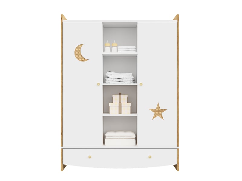  Armoire enfant avec 2 portes, tiroir, 4 niches et 2 tringles, décor étoile et lune, en mdf blanc et bois naturel  - Conforama A