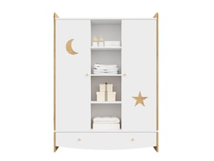 Armoire enfant avec 2 portes, tiroir, 4 niches et 2 tringles, décor étoile et lune, en mdf blanc et bois naturel