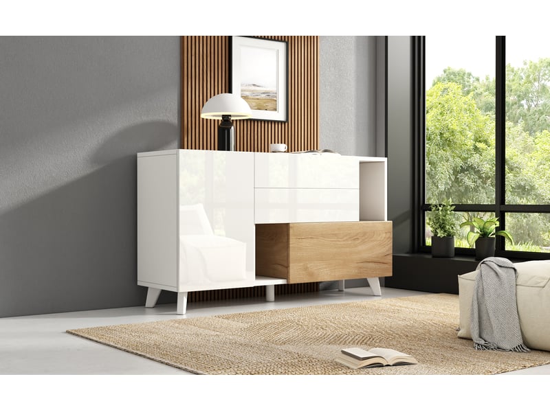  Buffet scandinave blanc brillant et bois, meuble de rangement 2 portes 2 tiroirs avec niches, 130 x 40 x 70 cm  - Conforama E