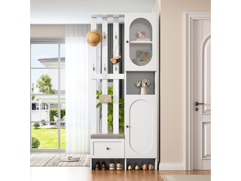  Vestiaire d'entrée, meuble de rangement avec banc de chaussage et portemanteau, en panneaux de particules et verre trempé 85x33.5x200cm, blanc  - Conforama R