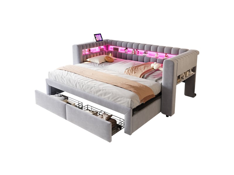  Lit gigogne 90x190 cm - banquette convertible 180x190 cm - 2 tiroirs - led usb-c - gris  - Conforama A