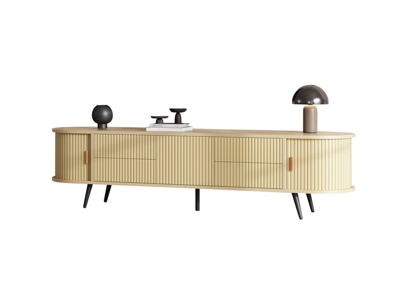  Meuble tv tcqpz ovale 180 x 40 x 45 cm 4 tiroirs porte tambour mdf coloris bois naturel jusqu’à 80 pouces  - Conforama A