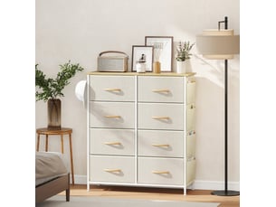 Commode de rangement 86x30x94,5 cm – beige – 8 tiroirs en tissu, 4 poches latérales, 2 crochets et plateau