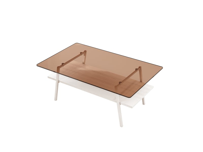  Table basse en verre trempé, table de salon rectangulaire, table basse 98x58 cm, pieds en métal blanc, design moderne blanc et marron  - Conforama A