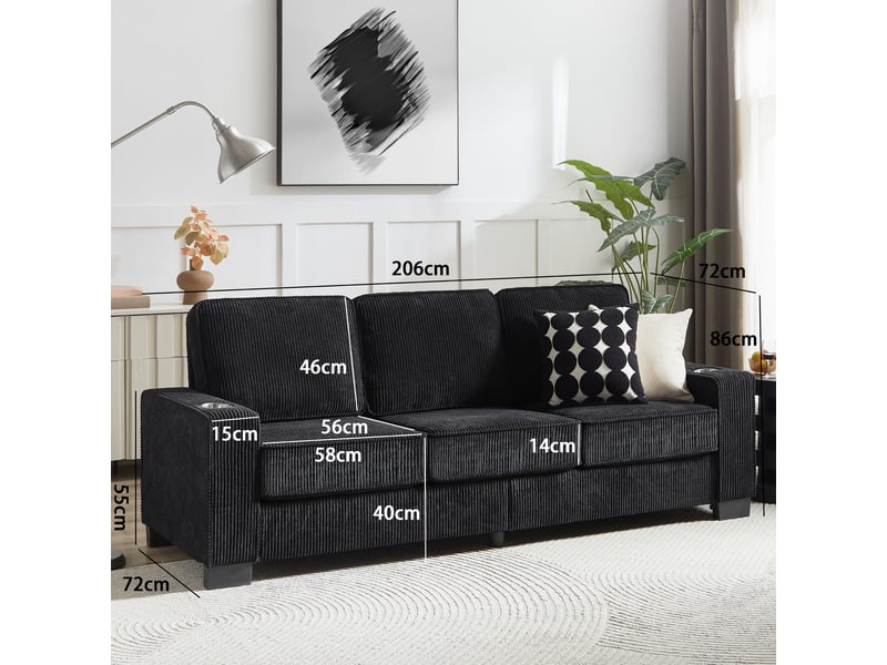  Canapé droit 3 places noir tissu côtelé avec rangement intégré et porte-gobelets design salon moderne  - Conforama C