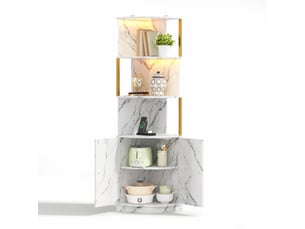 Meuble d'angle avec led et prises, buffet haut 2 portes en mdf blanc, armoire de rangement pour cuisine et salon, 38x38x180 cm