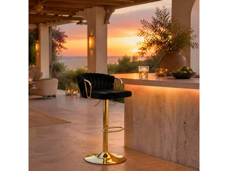  Chaise de bar pivotante et réglable avec dossier, accoudoirs et repose-pieds en velours noir  - Conforama B