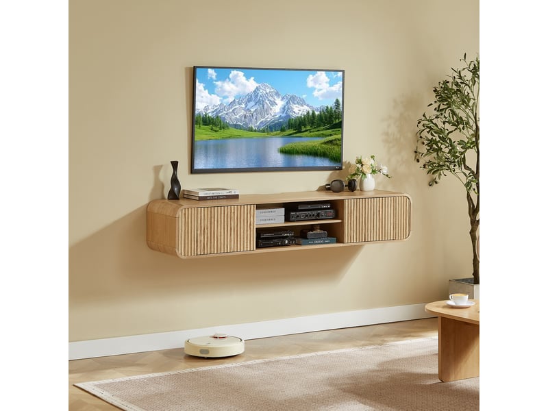  Meuble tv mural suspendu 160 cm avec niches ouvertes, portes rainurées, coins arrondis, passe-câbles intégré, finition bois naturel, pour salon  - Conforama C