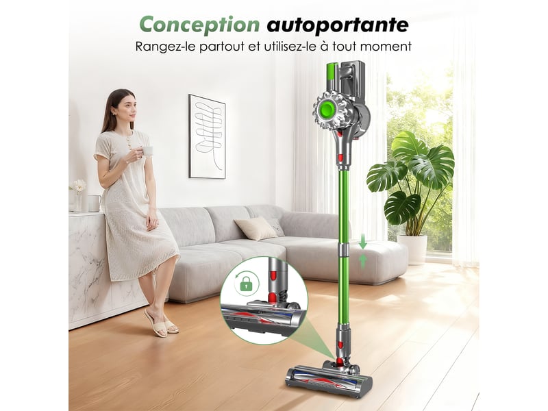  Aspirateur balai auto-portant puissant sans fil42kpa, 60 min d'autonomie, 2 vitesses, 6 en 1, capacité 1,6l, lumière verte  - Conforama R