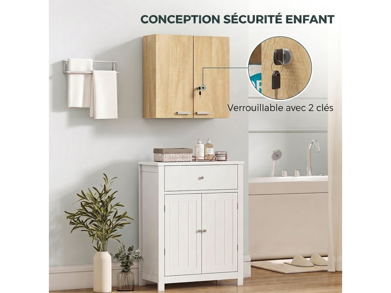  Armoire à pharmacie murale, armoire à médicaments avec double porte verrouillable 2 clés, 53x20x53cm, chêne  - Conforama E
