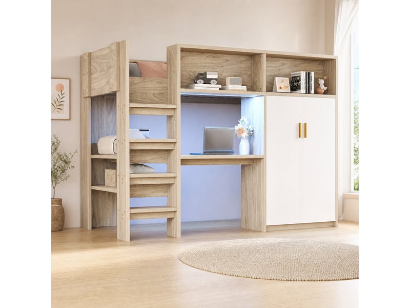  Lit mezzanine 200×90 cm avec bureau, armoire, rangements et éclairage led, sommier à lattes inclus, bois naturel  - Conforama B
