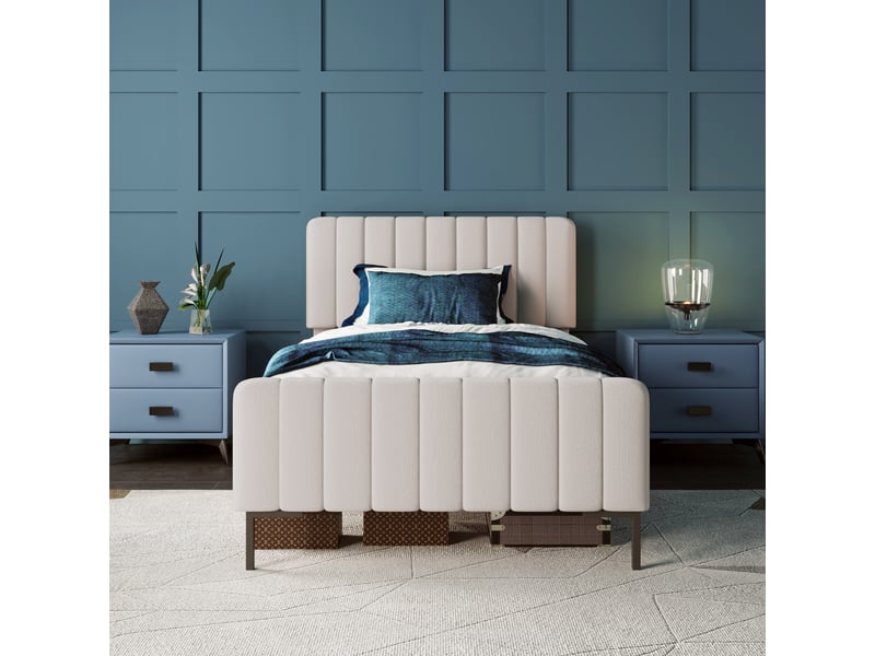  Lit simple 90x200 - lit adulte avec structure bois et métal - lin - avec matelas - beige  - Conforama D