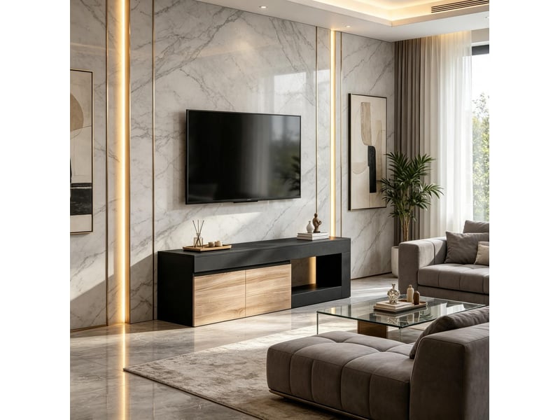  Meuble tv 140 cm noir et décor bois clair, 2 portes, niche ouverte, jusqu’à 60 pouces  - Conforama D