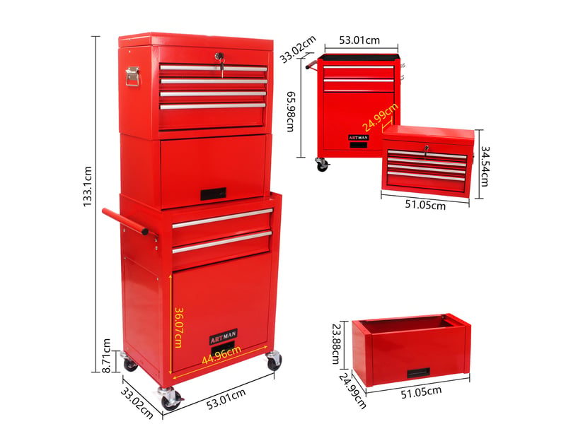  Meuble de rangement à 6 tiroirs avec verrouillage et roulettes pour garage et atelier en acier rouge  - Conforama B