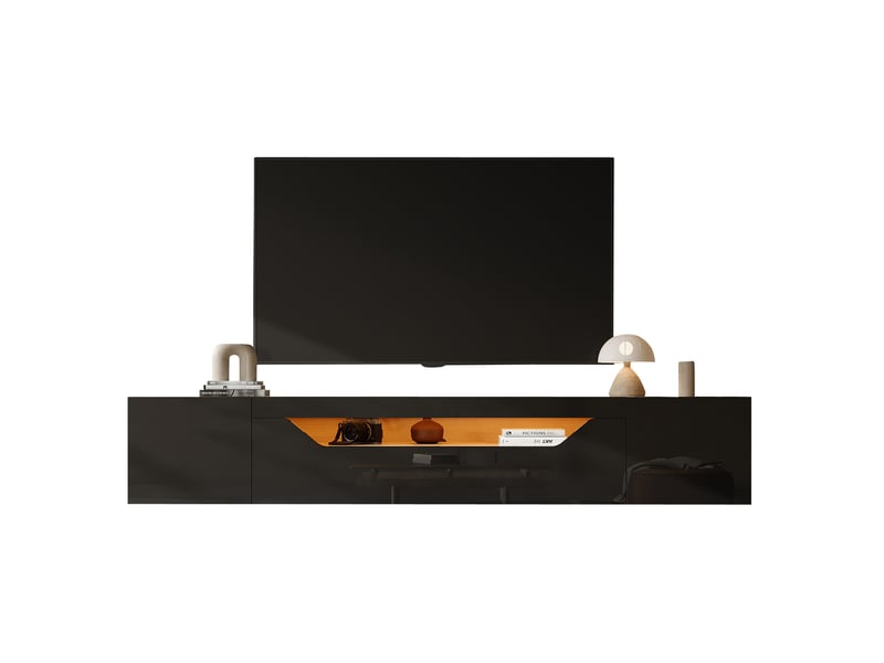 Meuble tv moderne bas 180x37x36cm avec 3 portes, design sobre, panneaux de particules, couleur naturel et noir  - Conforama A