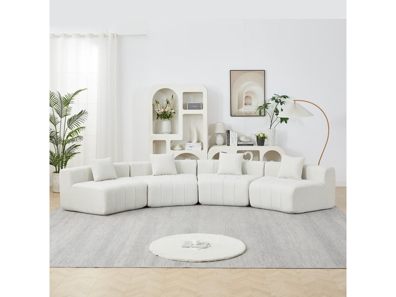 Canapé 4 places - 383.5x83.8x73.6 cm - canapé droit incurvé modulaire chenille avec 4 coussins sans montage - blanc  - Conforama C