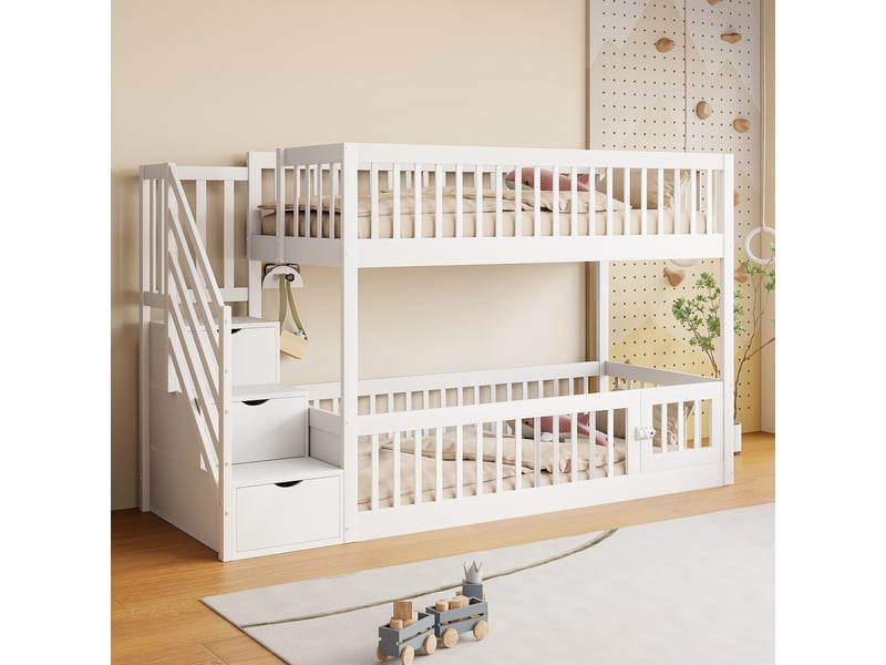  Lit superposé 2 couchages 90 × 200 cm avec escalier à tiroirs et barrières, sans matelas, en bois massif, blanc  - Conforama C
