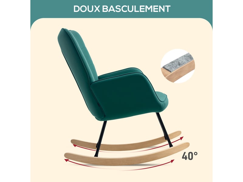  Fauteuil à bascule rocking chair revêtement en velous structure en acier vert 71 x 98 x 101 cm  - Conforama D