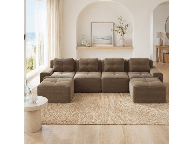  Canapé d'angle modulable en u 4 places avec assise profonde et sans montage en velours côtelé marron  - Conforama D