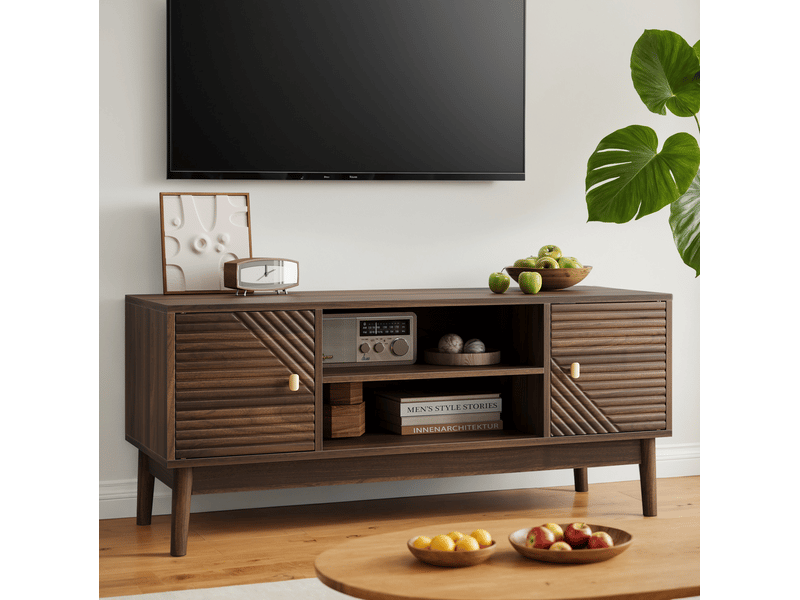 Meuble tv 110x40x48 cm avec grand rangement, banc tv de salon et bureau, 2 portes, structure mdf, coloris noyer élégant - Conforama B