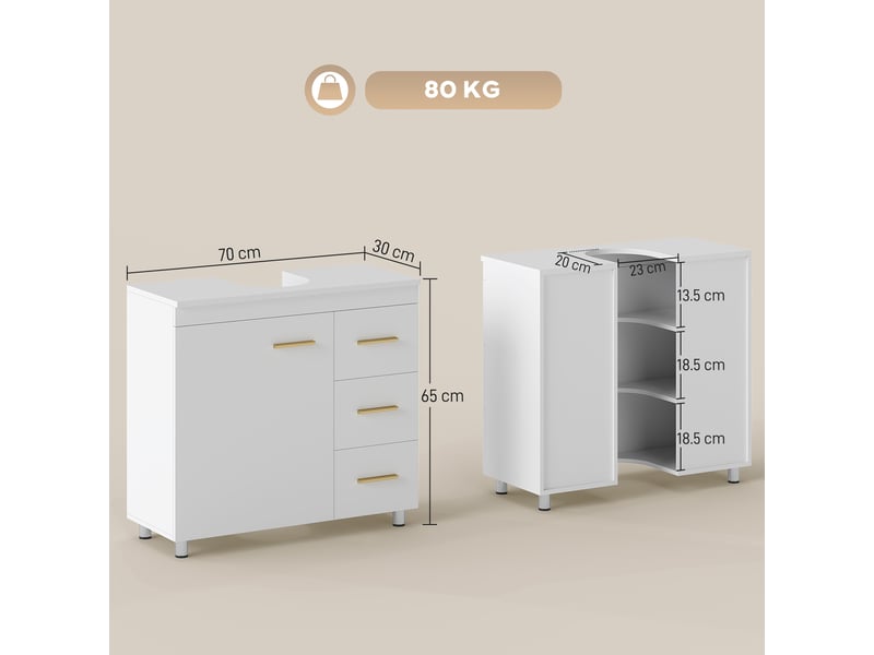  Meuble sous-évier avec niche en u, placard et 3 tiroirs, fermeture amortie, 70 x 30 x 65 cm, blanc  - Conforama E
