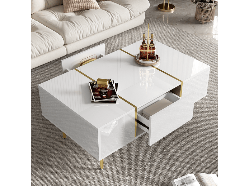  Table basse contemporaine blanc brillant - 100x50x40 cm, 2 tiroirs, design épuré  - Conforama D