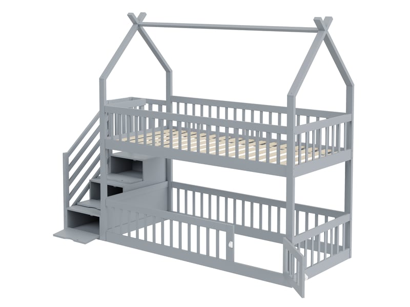  Lit superposé enfant avec toit et escalier-rangement, bois massif gris, 90x200 cm, tiroirs intégrés  - Conforama D