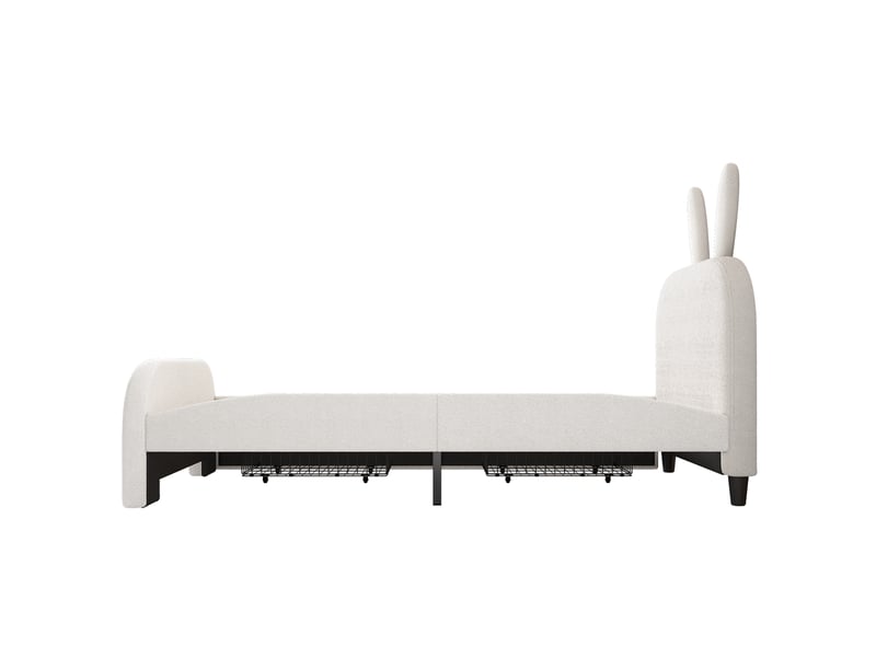  Lit enfant rembourré bouclette blanc 90x200 cm, tête de lit lapin, 2 tiroirs de rangement  - Conforama D