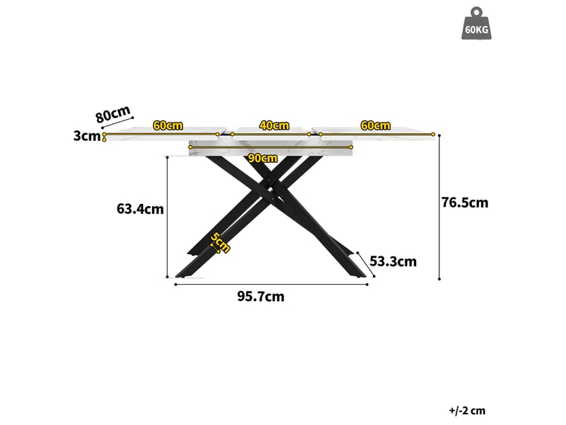 Table extensible 120-160x80x76,5 cm pieds croisés métal plateau mdf effet marbre(matériau non marbré), blanc+noir - Conforama C