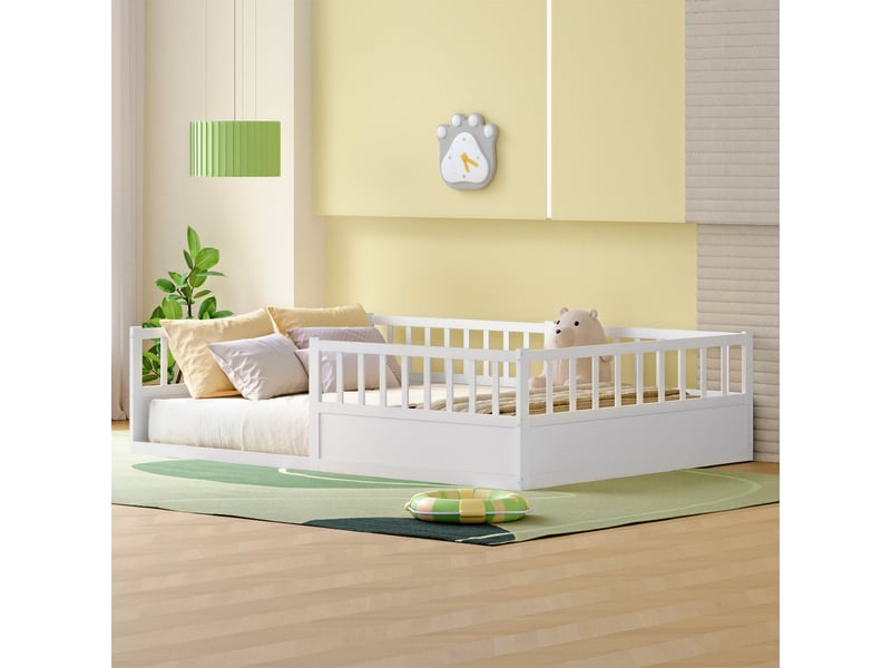 Lit  enfant 140x200 cm-lit  au sol 140x200 cm - avec barrières de sécurité et sommier à lattes- bois de pin- blanc  - Conforama E