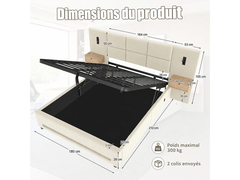  Lit coffre 180 x 200 cm en velours avec tête de lit rembourrée, rangement hydraulique, éclairage led et ports usb-c, beige  - Conforama C
