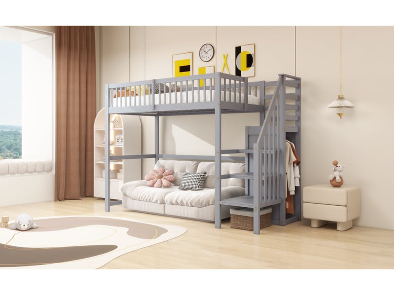  Lit mezzanine 90 x 200 cm, escalier, penderie ouverte, étagères de rangement, espace libre sous le lit, pour la chambre, bois, gris ABC - Conforama E