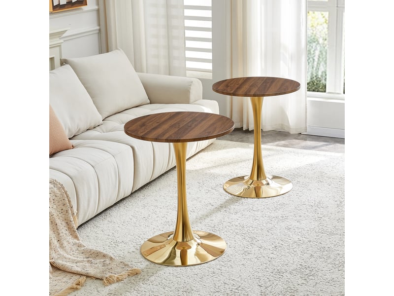  Table d’appoint ronde avec pied central stable - lpospi - style mid-century, plateau épais, mdf et métal noyer et or ø60 × h72 cm  - Conforama C