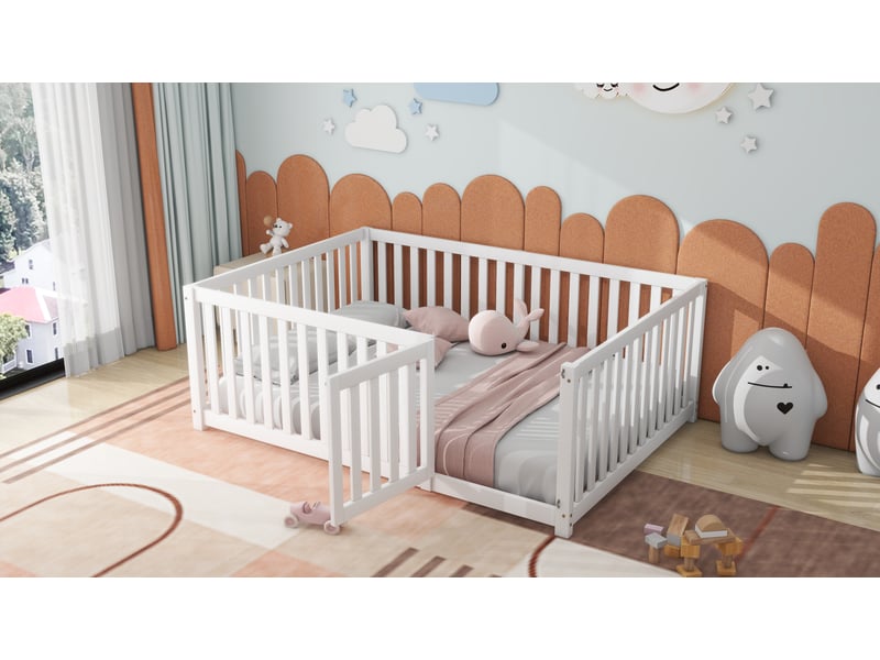  Lit évolutif enfant en bois avec barrières et porte, blanc, 140x200cm, cadre sécurisé et design moderne  - Conforama B