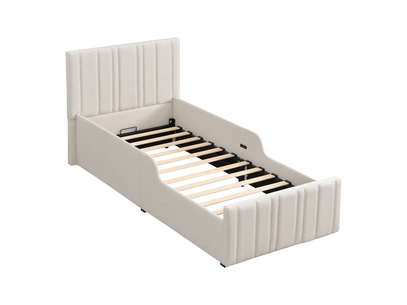  Lit coffre hydraulique 90x200 cm beige en lin avec sommier, grand rangement et tête de lit rembourrée  - Conforama D