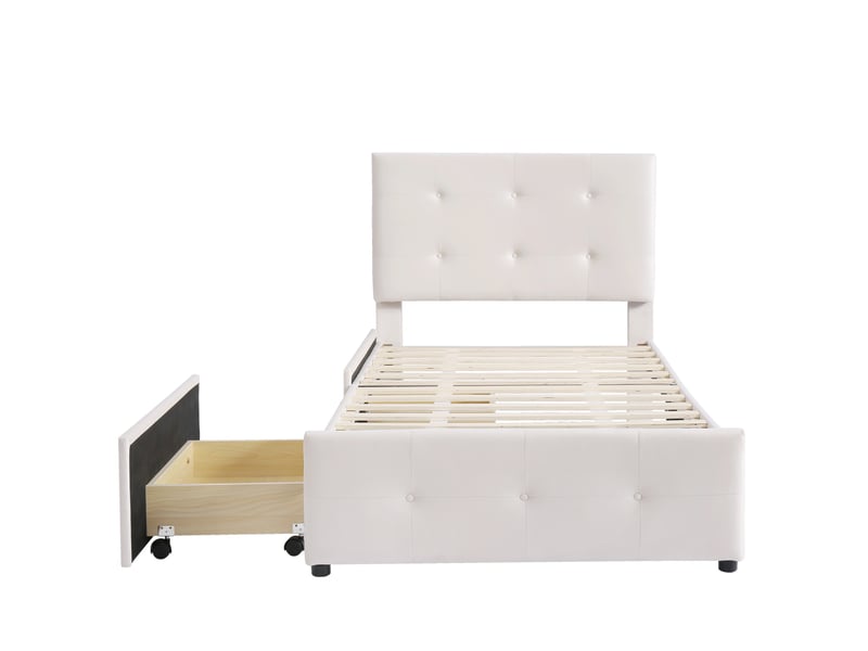  Lit enfant lit simple 90x190 cm, 2 tiroirs de rangement et tête de lit réglable, cadre de lit en velours, style moderne scandinave, beige  - Conforama A