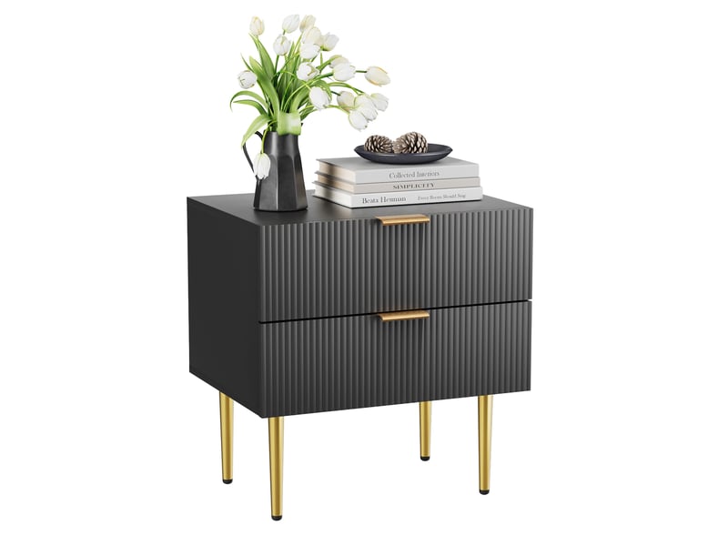  Table de chevet 53x41,5x52,5 cm, 2 tiroirs, motif ondulé moderne, meuble de chambre, pieds métal, rangement, mdf noir  - Conforama A