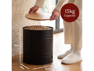 Casabel réservoir pellets & granulés rond, cap. 15kg, métal noir, couvercle bambou, compact & élégant, pour poêle