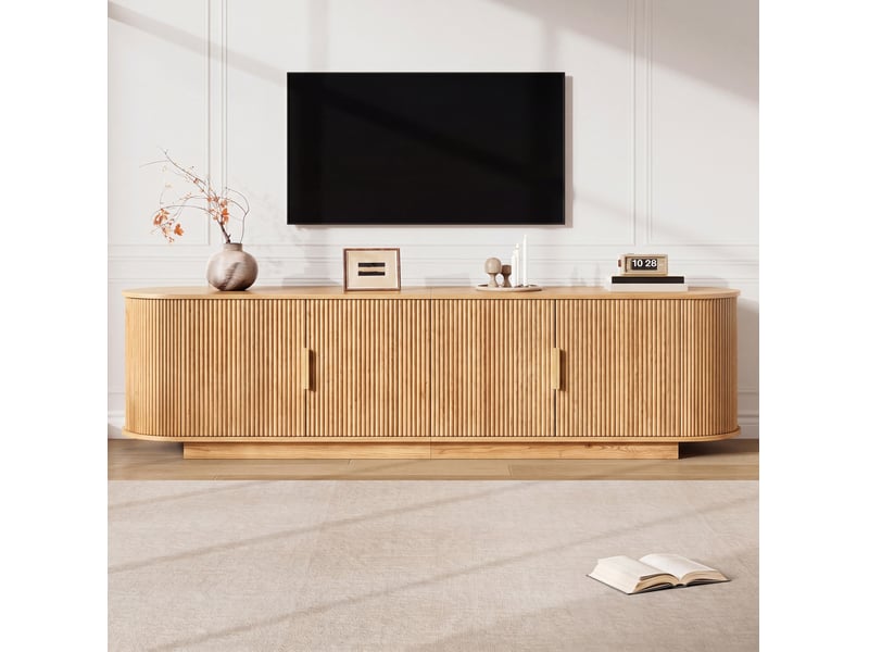  Meuble tv avec 4 portes et rangement fermé, poignées en métal, décor ondulé pour salon, naturel, 180 × 35 × 50 cm  - Conforama B