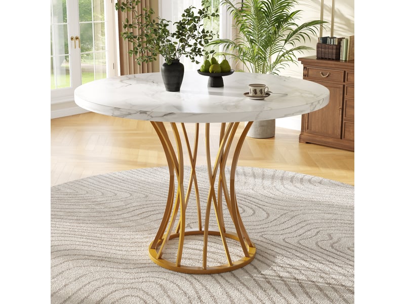  Table de salle à manger ronde en mdf et métal 80×80×76 cm effet marbre doré  - Conforama B