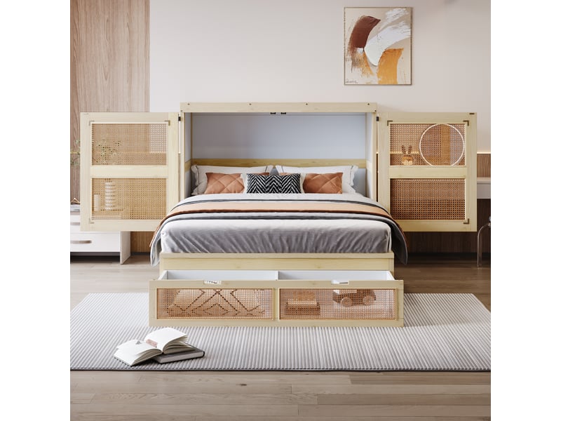  Lit armoire 140 x 200 cm en bois avec lattes, tiroirs et design rotin, bois naturel gain de place  - Conforama D