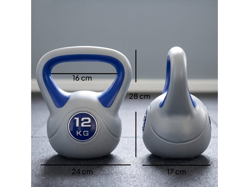  Kettlebell, 12 kg, fond plat, grande poignée, revêtement plastique, bleu, 24 x 17 x 28 cm  - Conforama E